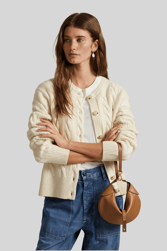 Cardigã feminino de tricô trançado - Ralph Lauren, Creme, foto 2