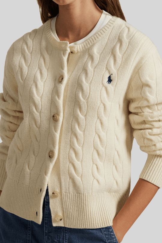 Cardigã feminino de tricô trançado - Ralph Lauren, Creme, foto 3
