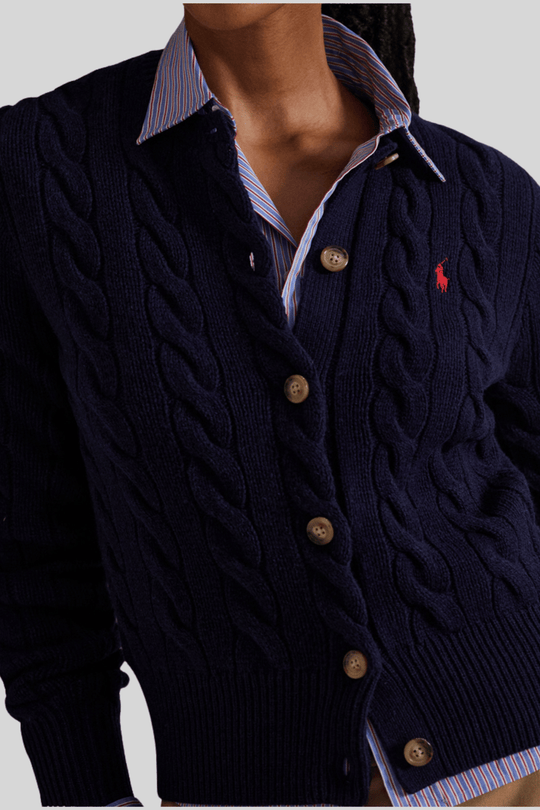 Cardigã feminino de tricô trançado - Ralph Lauren, Azul-marinho, foto 2