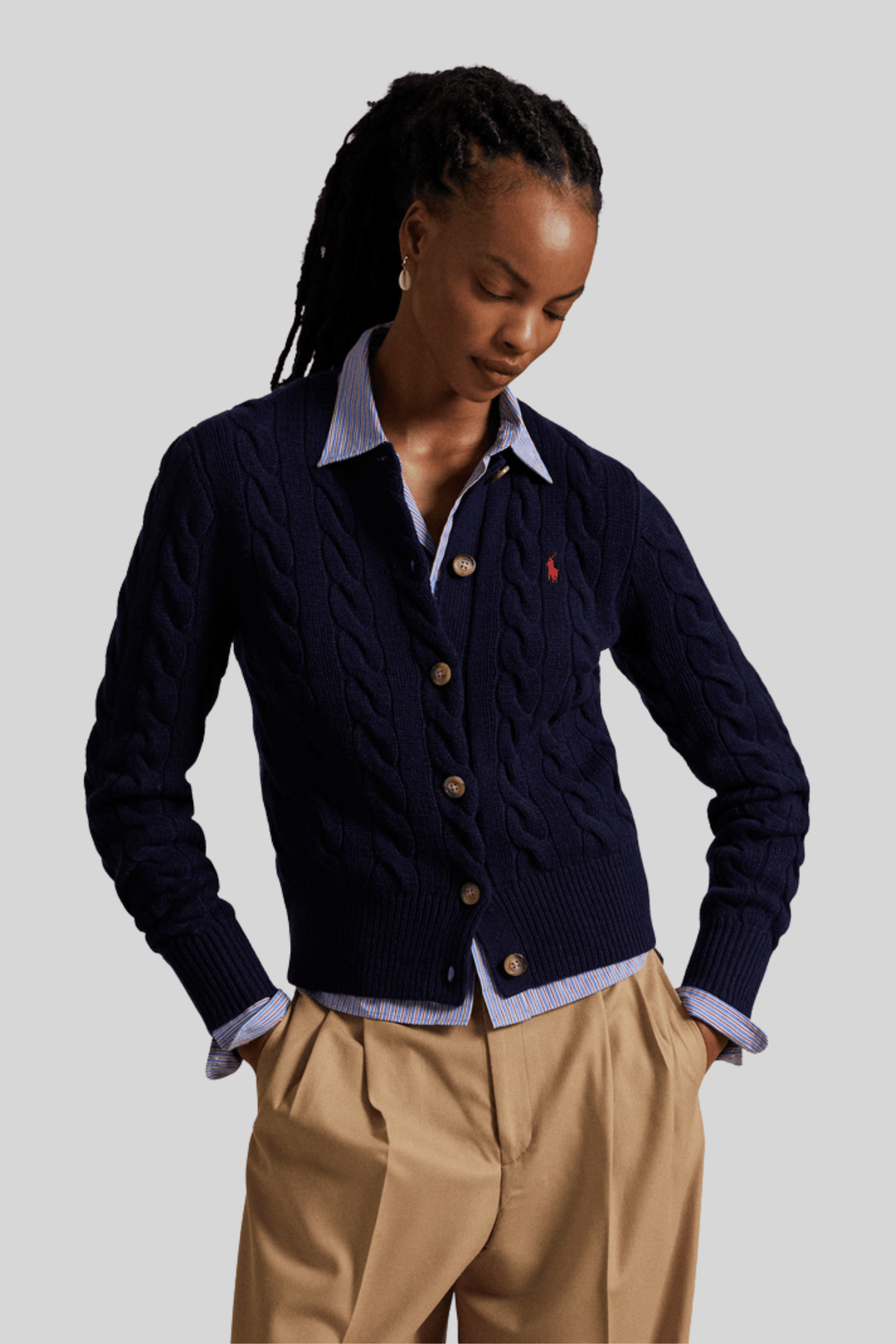 Cardigã feminino de tricô trançado - Ralph Lauren, Azul-marinho, foto 3