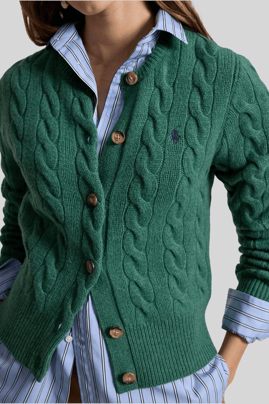 Cardigã feminino de tricô trançado - Ralph Lauren, Verde, foto 2