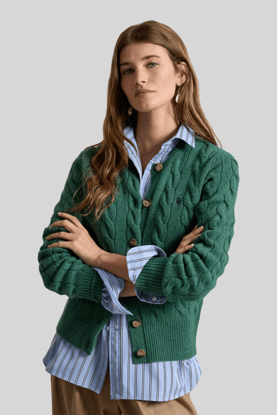 Cardigã feminino de tricô trançado - Ralph Lauren, Verde, foto 3