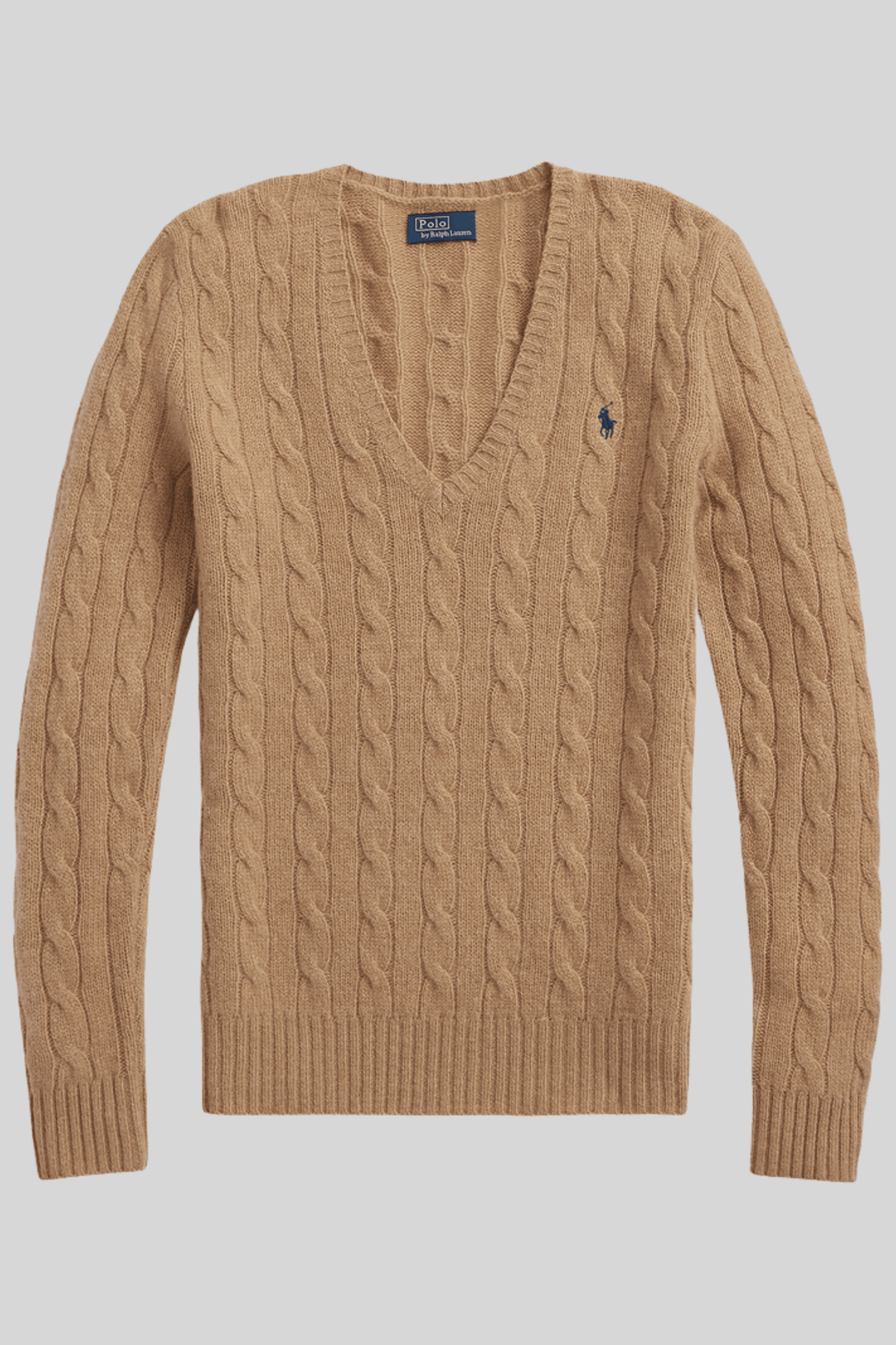 Suéter feminino de tricô trançado com decote em V - Ralph Lauren, Bege, foto 1