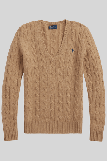 Suéter feminino de tricô trançado com decote em V - Ralph Lauren
