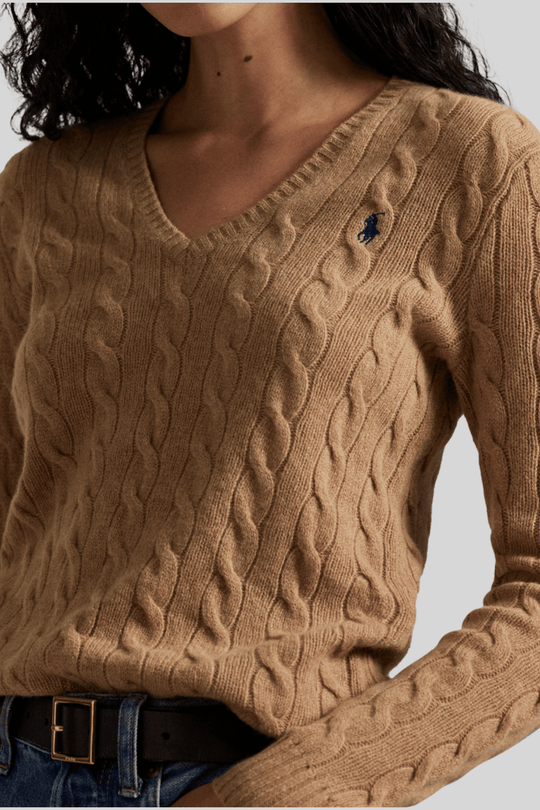 Suéter feminino de tricô trançado com decote em V - Ralph Lauren, Bege, foto 2
