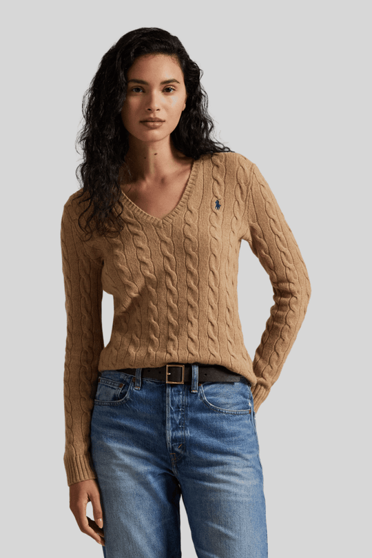 Suéter feminino de tricô trançado com decote em V - Ralph Lauren, Bege, foto 3