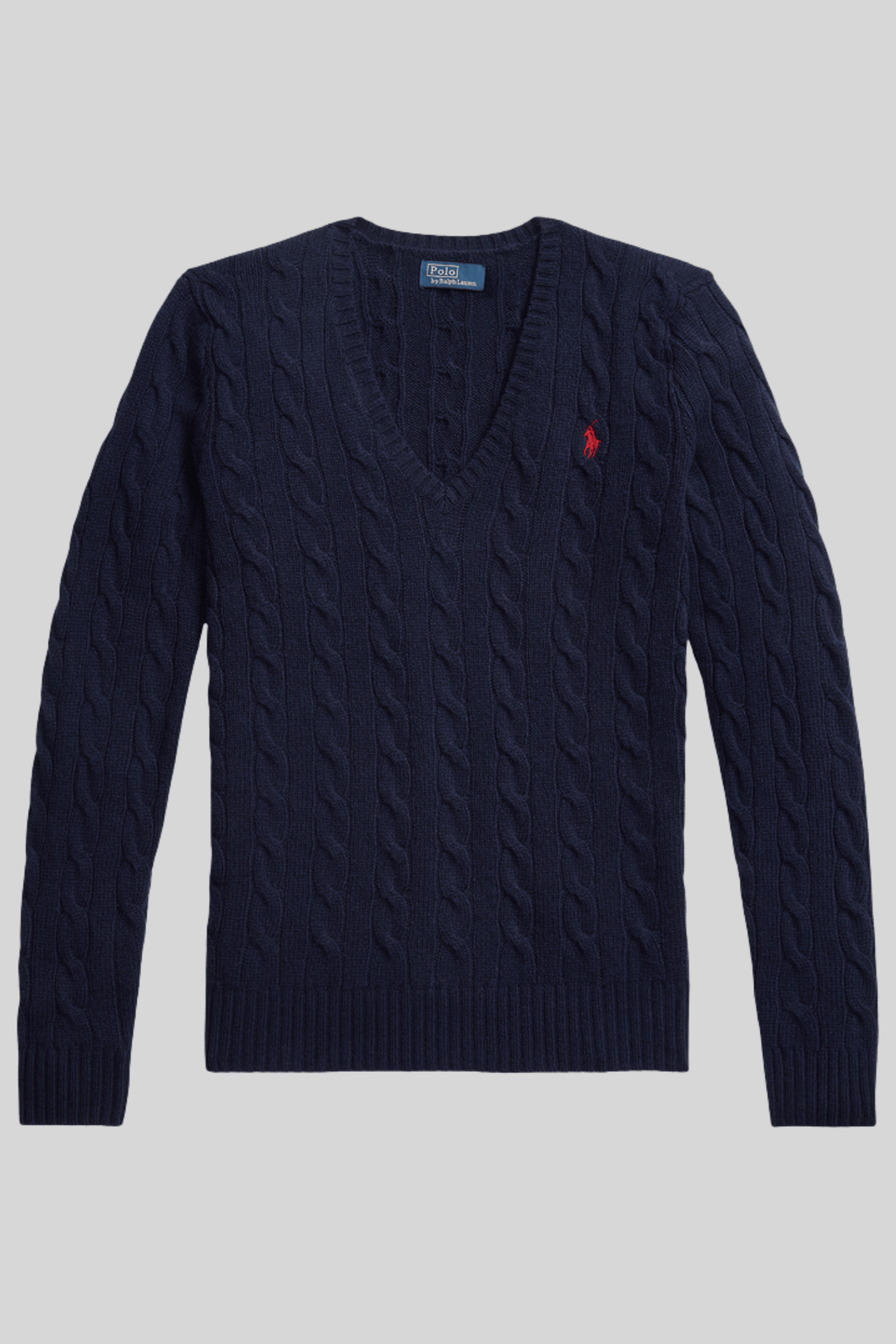 Suéter feminino de tricô trançado com decote em V - Ralph Lauren, Azul-marinho, foto 1