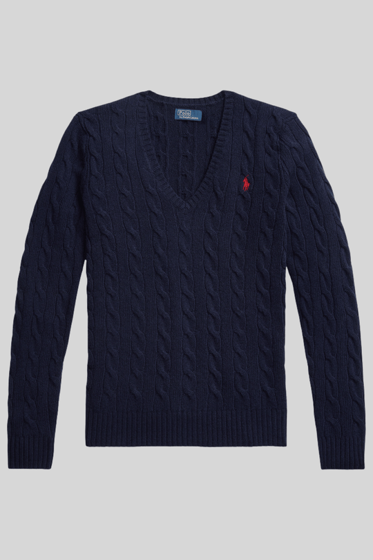 Suéter feminino de tricô trançado com decote em V - Ralph Lauren, Azul-marinho, foto 1