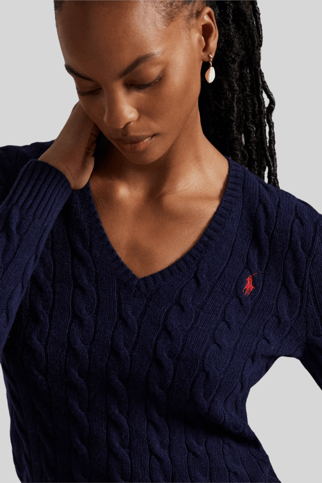 Suéter feminino de tricô trançado com decote em V - Ralph Lauren, Azul-marinho, foto 2