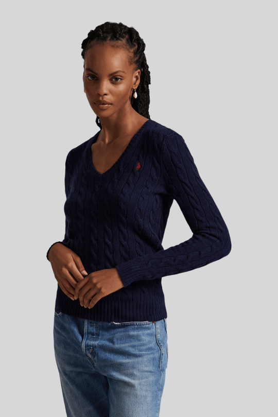 Suéter feminino de tricô trançado com decote em V - Ralph Lauren, Azul-marinho, foto 3