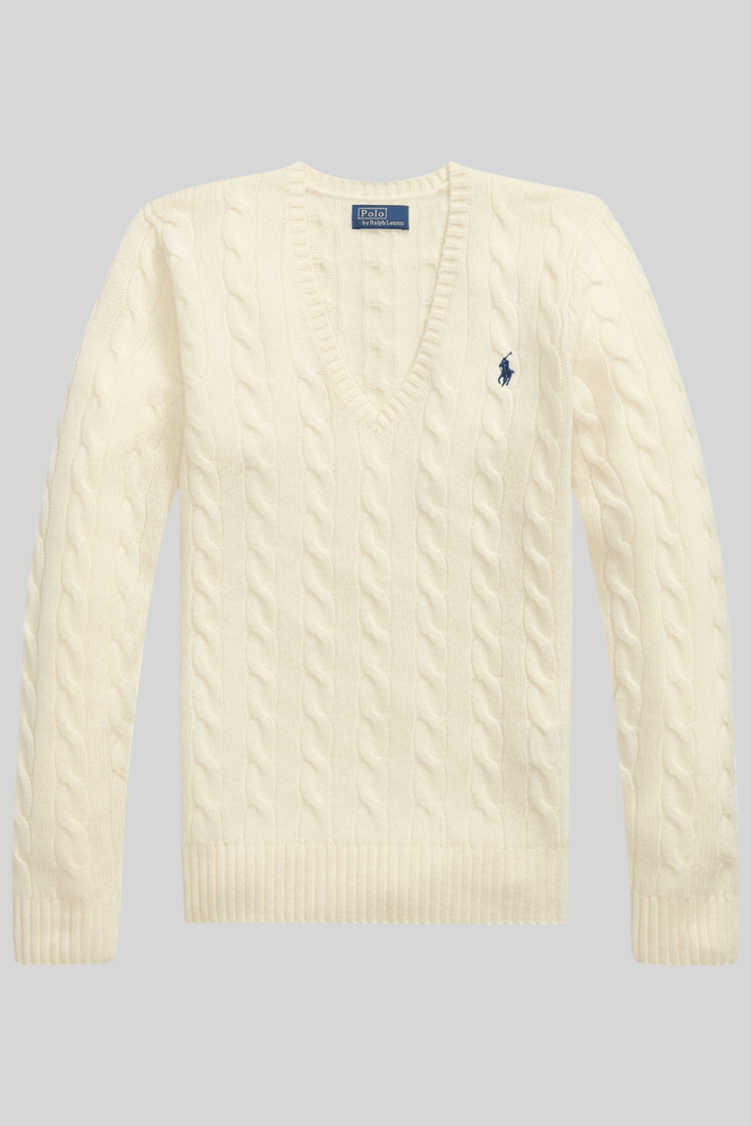 Suéter feminino de tricô trançado com decote em V - Ralph Lauren, Off-white, foto 1