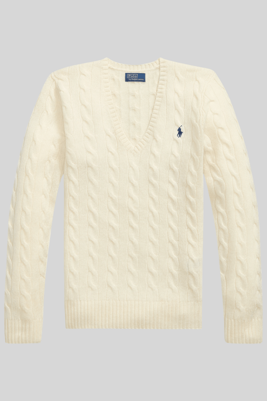 Suéter feminino de tricô trançado com decote em V - Ralph Lauren, Off-white, foto 1