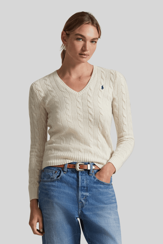 Suéter feminino de tricô trançado com decote em V - Ralph Lauren, Off-white, foto 2